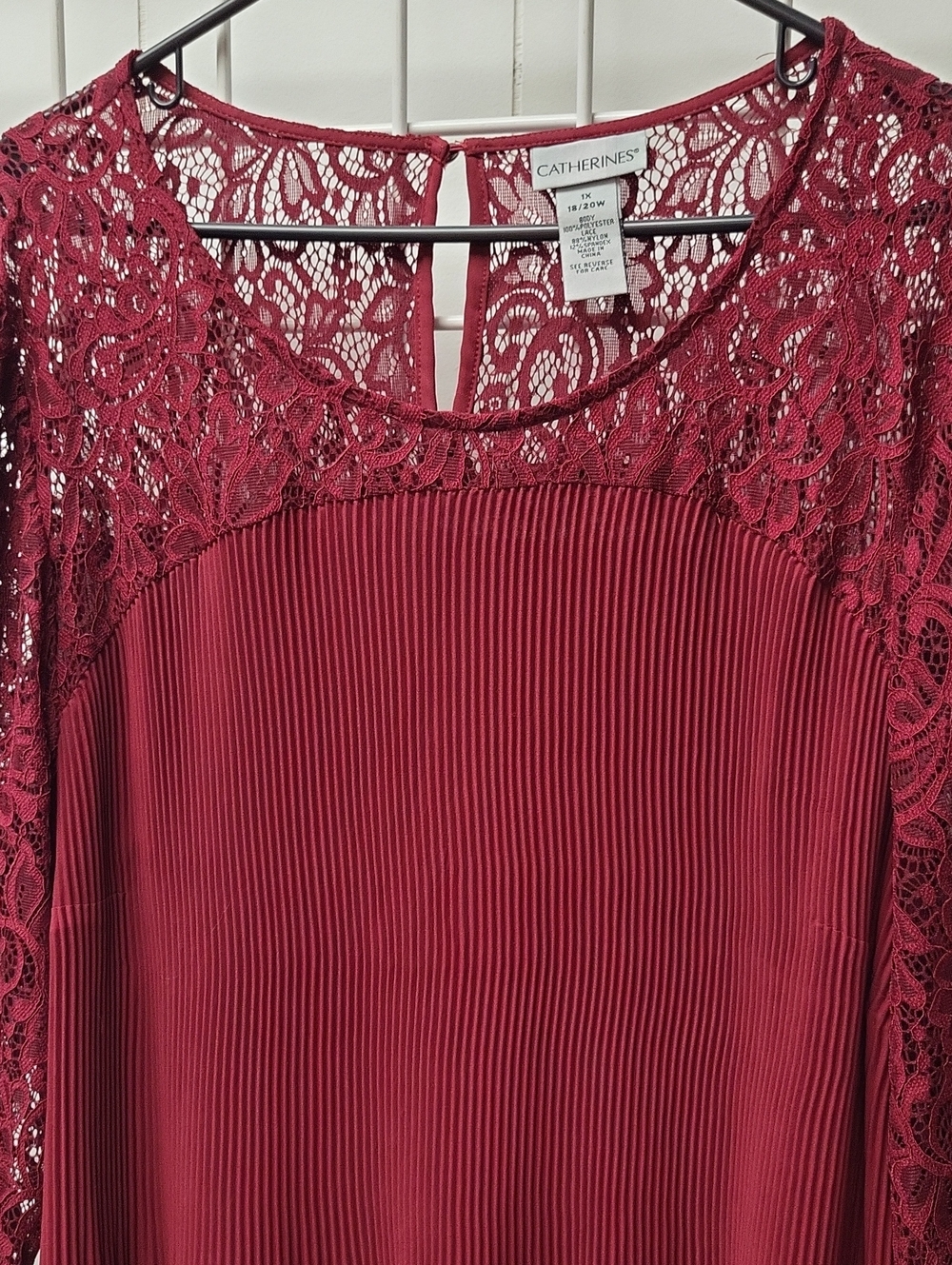 Catherines Wine Lace Yoke Pleated Top, 1X